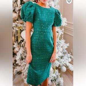 NWT Ivy City Co Holly Tweed Green Sparkle Dress Size Large Sequin Puffed Sleeves